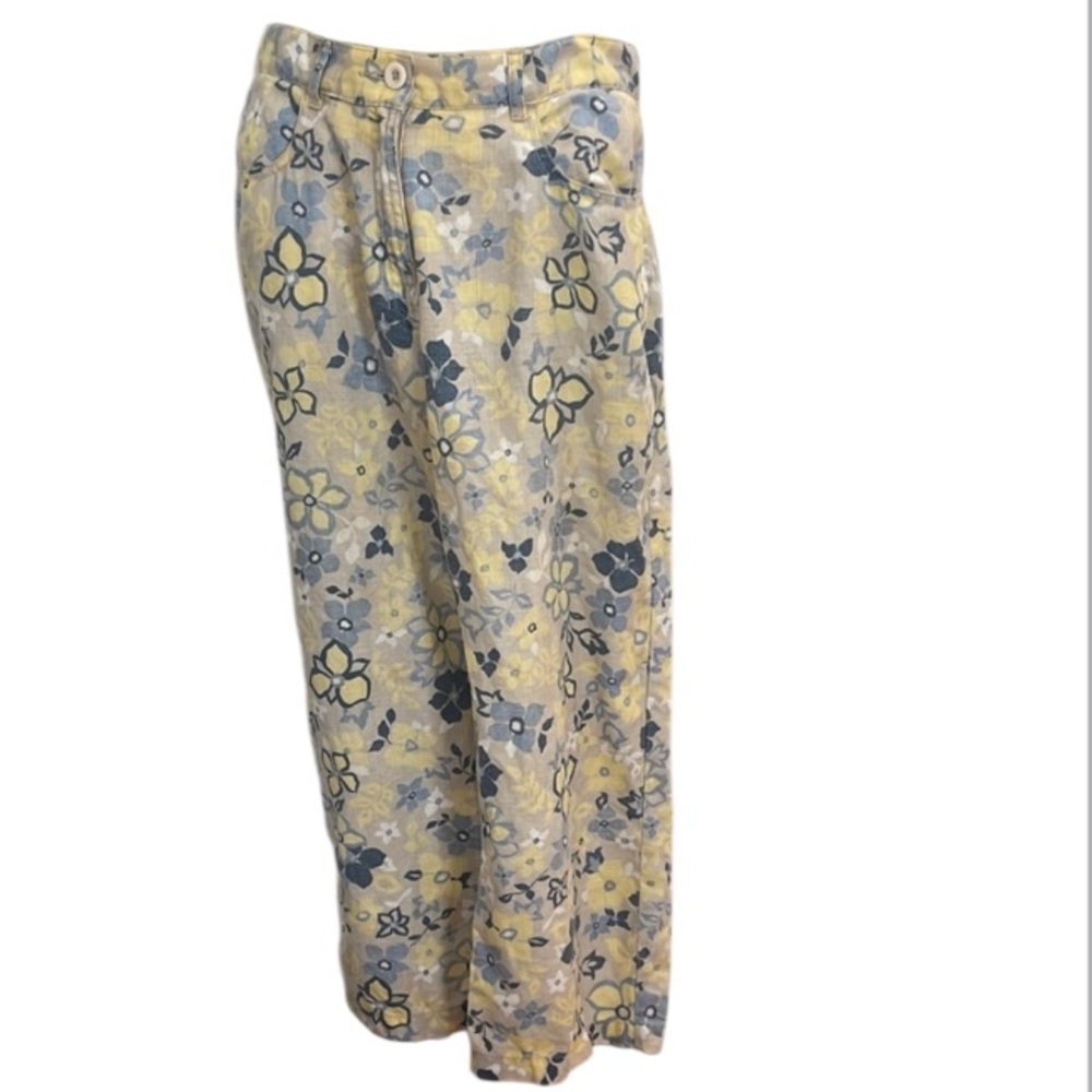 Vintage Y2K Willi Smith 100% linen Floral Capri pants Yellow Blue womens size 4